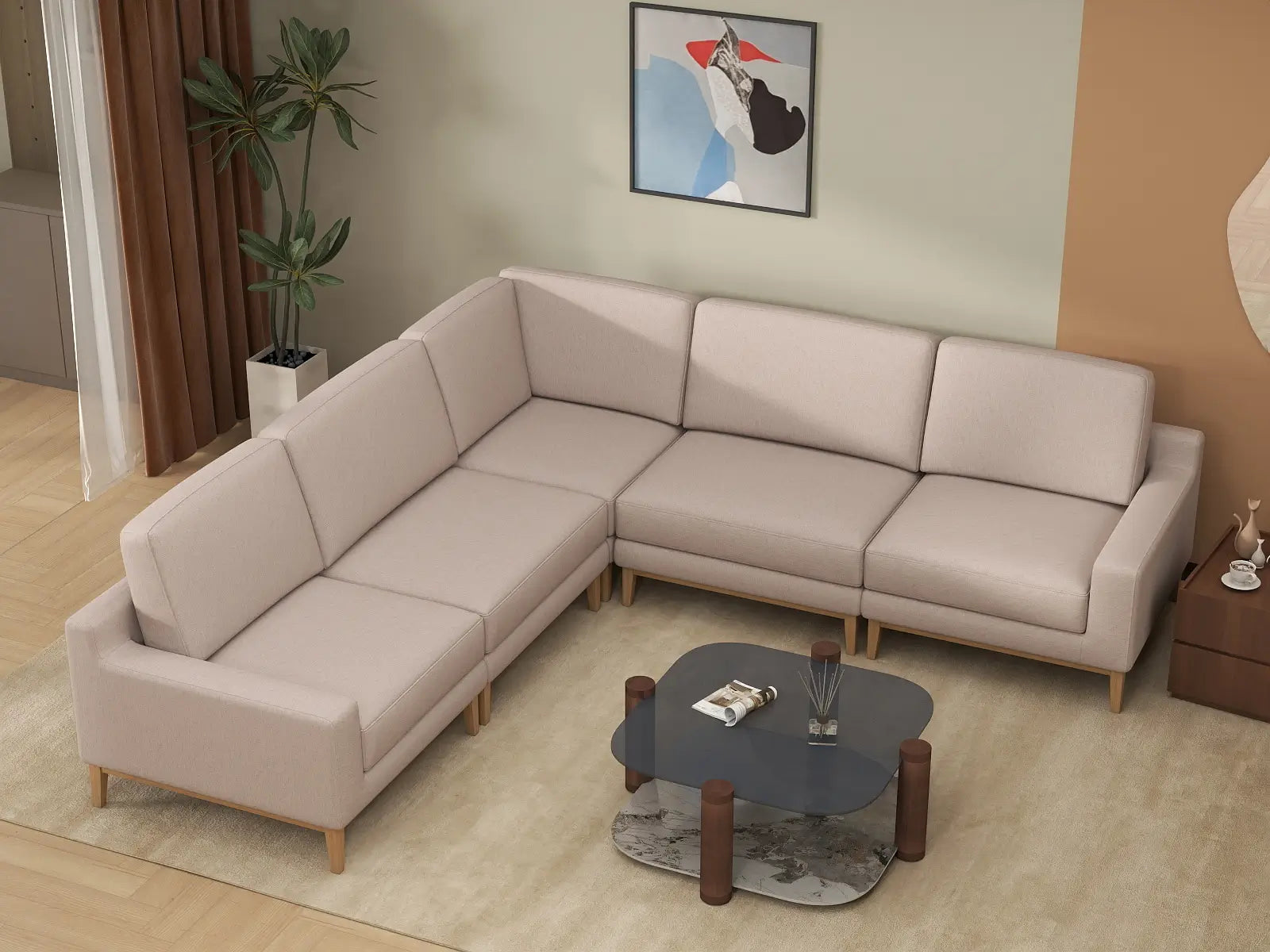 Deluxe Cloud 5-Seater Khaki V-Shaped Sectional | 5-Piece, Linen Look Poly Fabric, Washable Cushion Covers