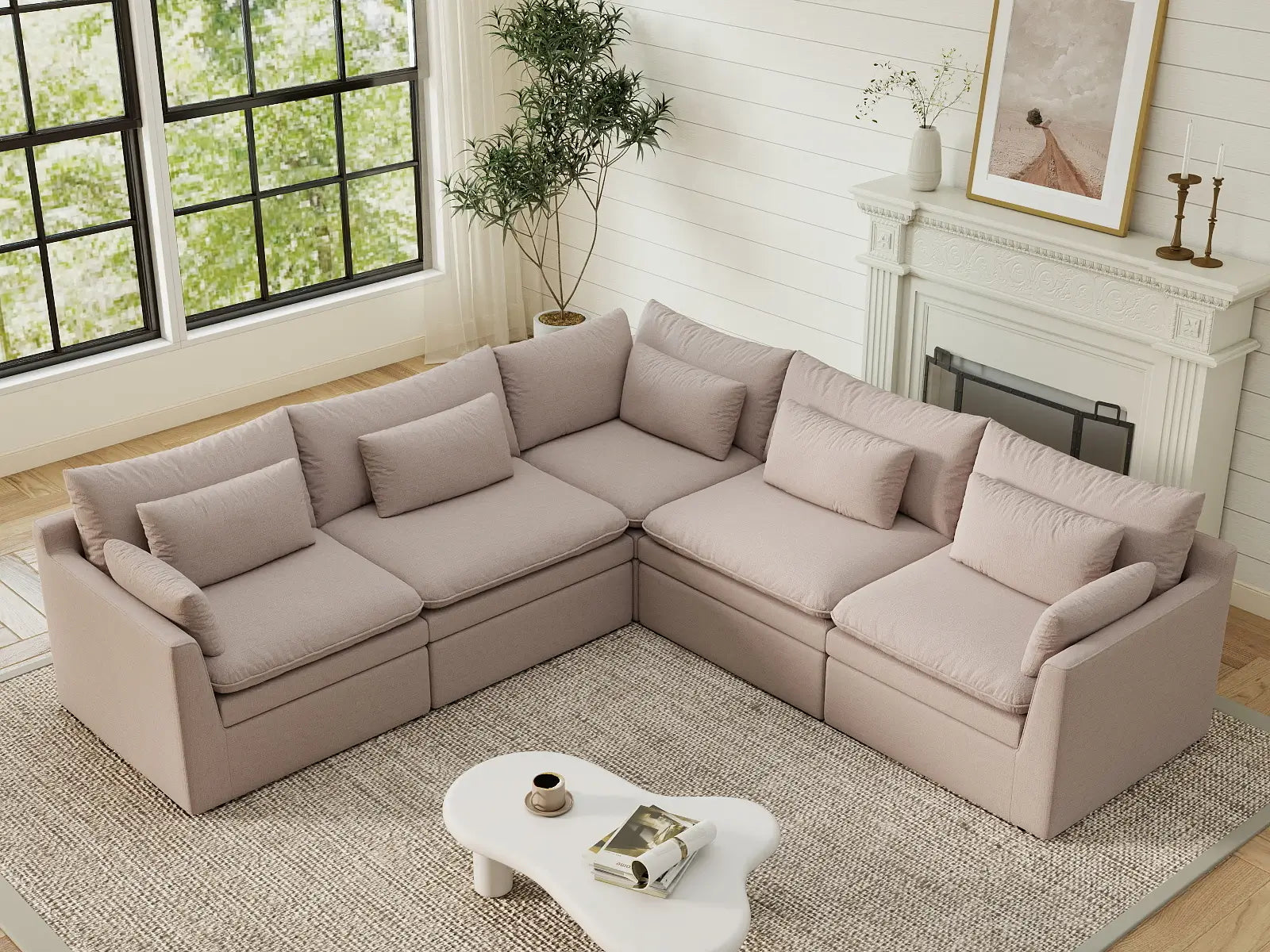 Deluxe Cloud 5-Seater Khaki V-Shaped Sectional | 5-Piece, Linen Look Poly Fabric, Washable Cushion Covers