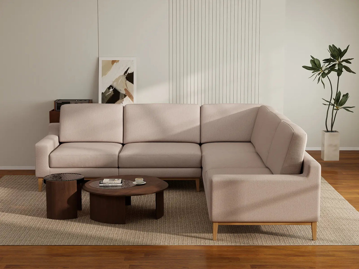 Deluxe Cloud 5-Seater Khaki V-Shaped Sectional | 5-Piece, Linen Look Poly Fabric, Washable Cushion Covers
