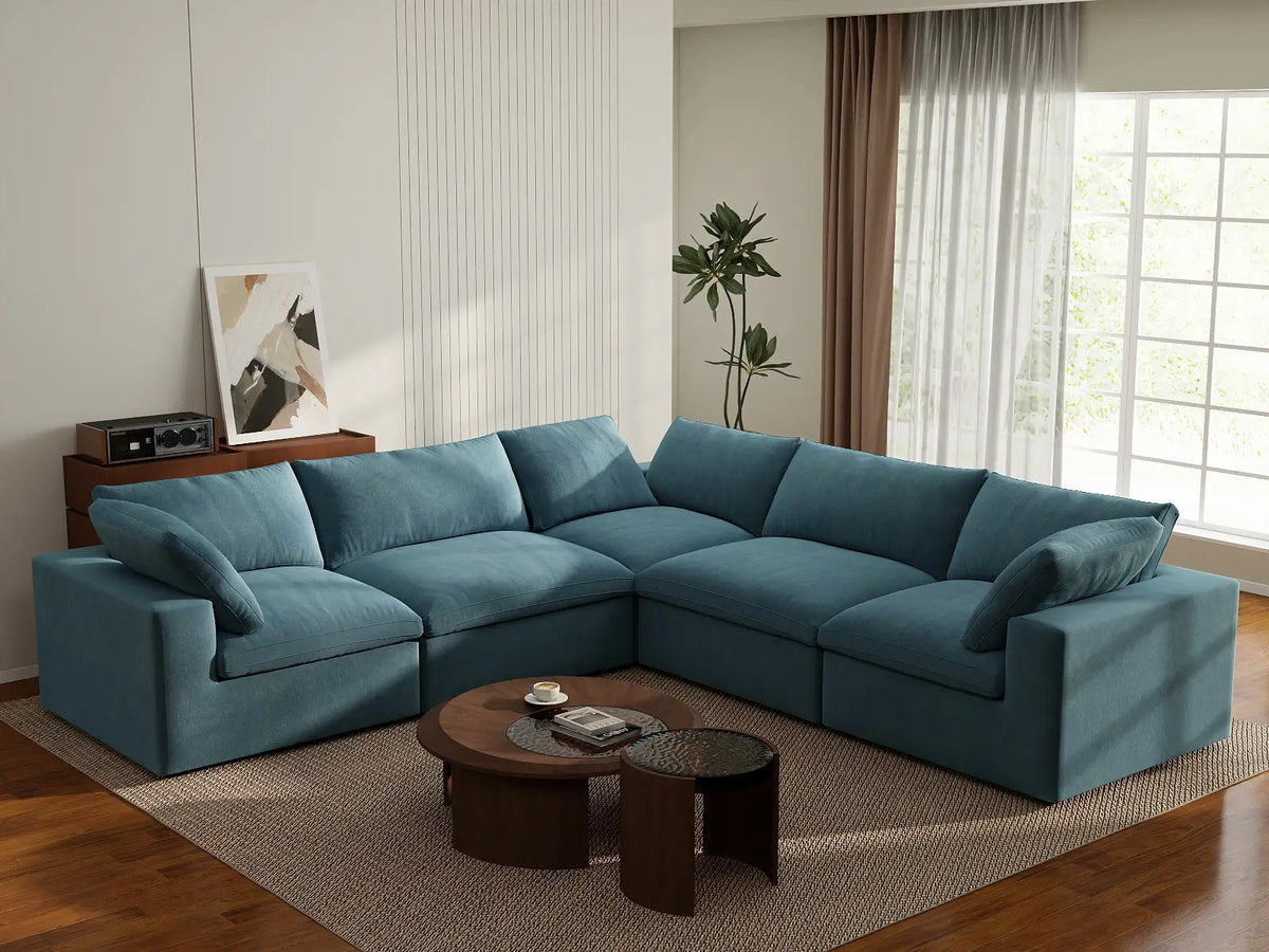Deluxe Cloud 5-Seater Light Blue V-Shaped Sectional | 5-Piece, Velvet Fabric, Living Room Seating, Washable Cushion Covers