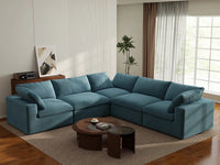 Deluxe Cloud 5-Seater Light Blue V-Shaped Sectional | 5-Piece, Velvet Fabric, Living Room Seating, Washable Cushion Covers