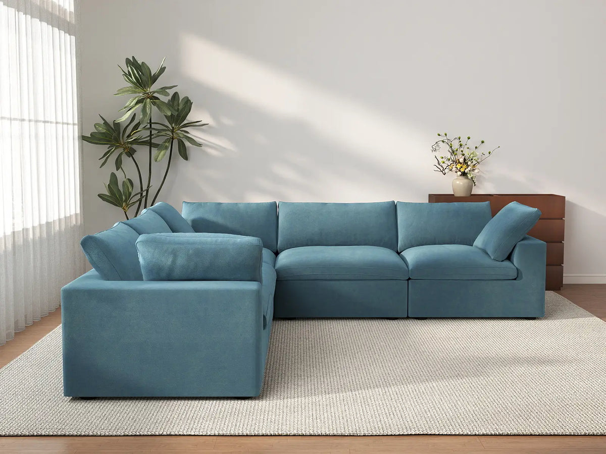 Deluxe Cloud 5-Seater Light Blue V-Shaped Sectional | 5-Piece, Velvet Fabric, Living Room Seating, Washable Cushion Covers