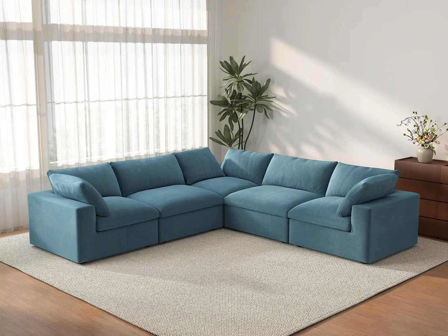 Deluxe Cloud 5-Seater Light Blue V-Shaped Sectional | 5-Piece, Velvet Fabric, Living Room Seating, Washable Cushion Covers