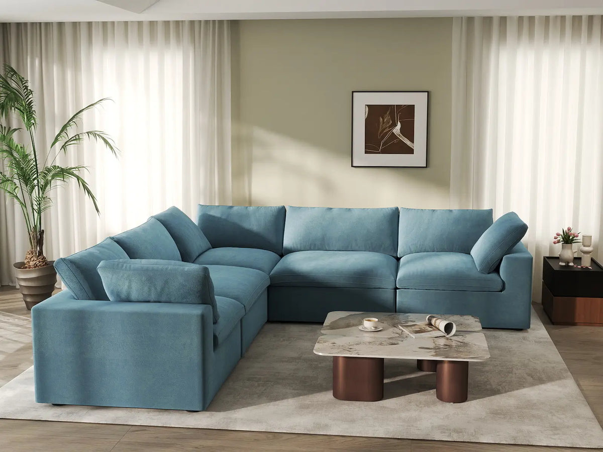 Deluxe Cloud 5-Seater Light Blue V-Shaped Sectional | 5-Piece, Velvet Fabric, Living Room Seating, Washable Cushion Covers