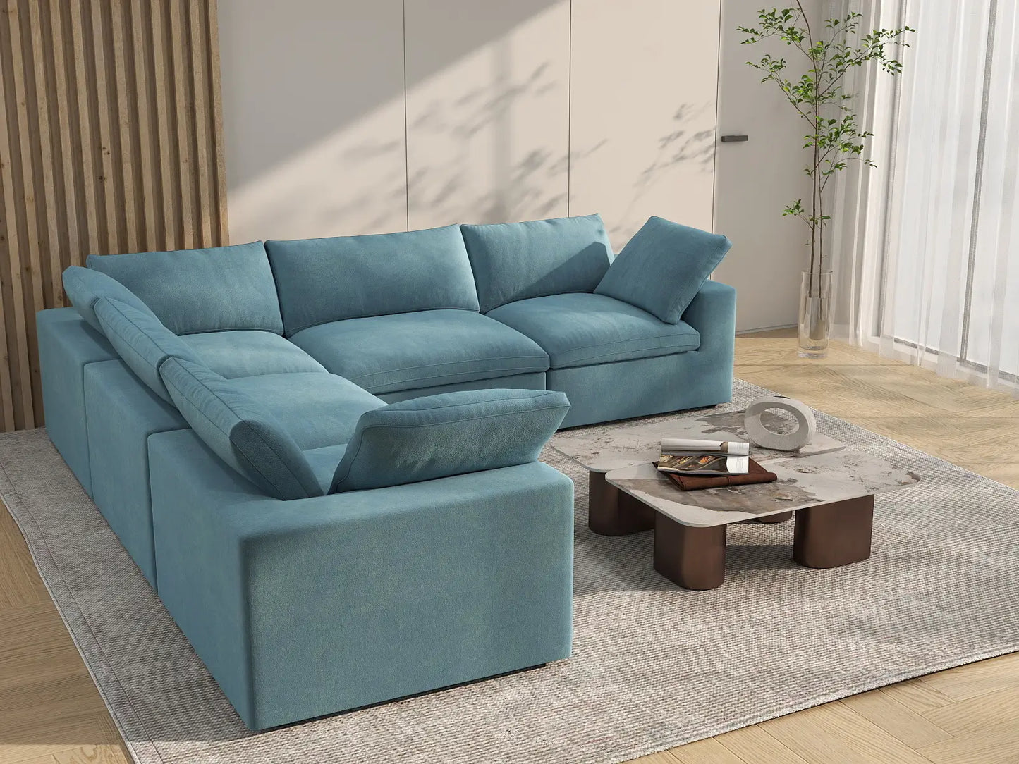 Deluxe Cloud 5-Seater Light Blue V-Shaped Sectional | 5-Piece, Velvet Fabric, Living Room Seating, Washable Cushion Covers