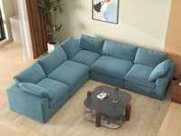 Deluxe Cloud 5-Seater Light Blue V-Shaped Sectional | 5-Piece, Velvet Fabric, Living Room Seating, Washable Cushion Covers