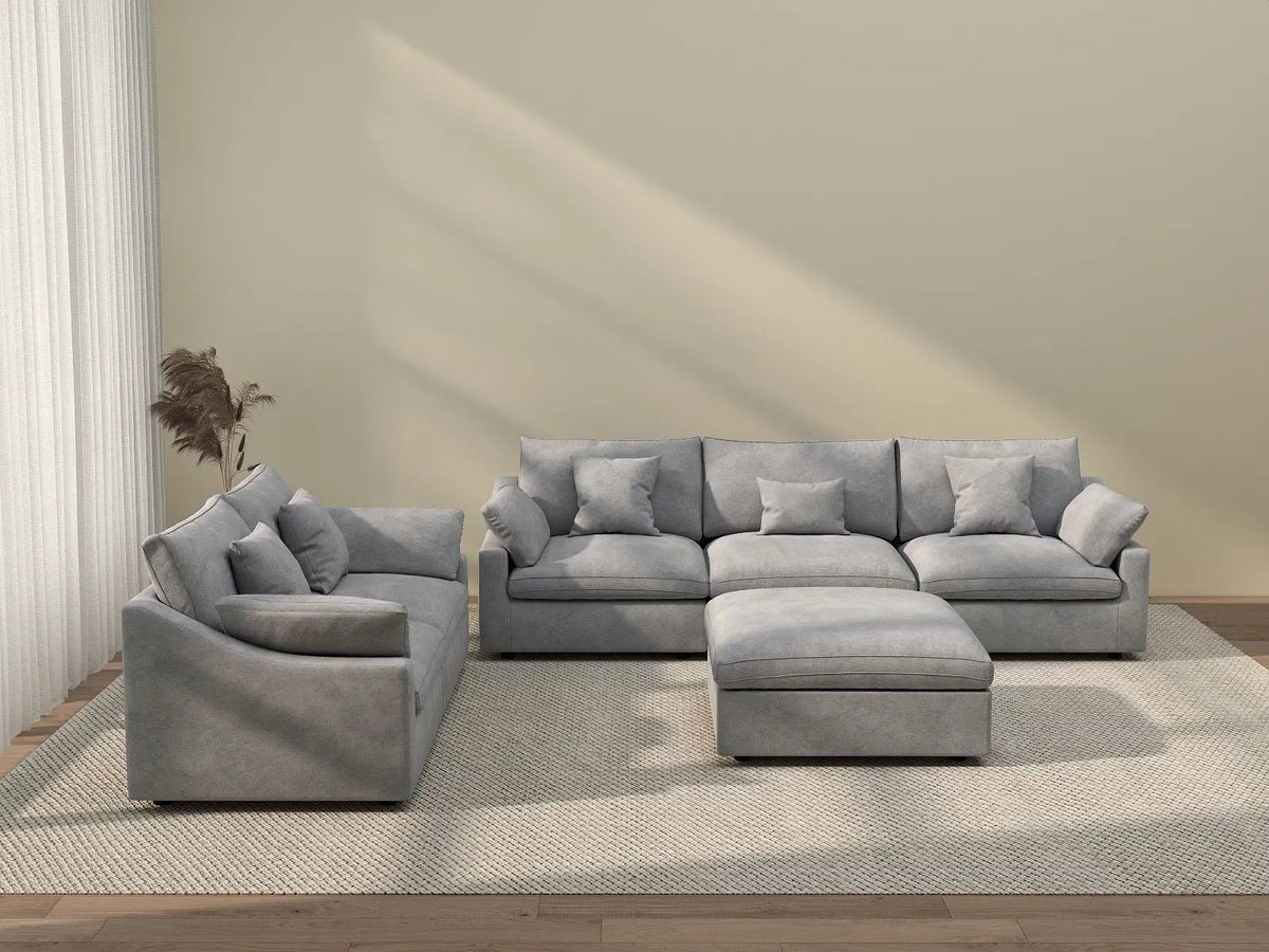 Deluxe Cloud 5-Seater Light Grey Large Space Pit Sectional | 6-Piece (Includes 1 Ottoman), Chenille And Linen Fabric, Easy To Clean