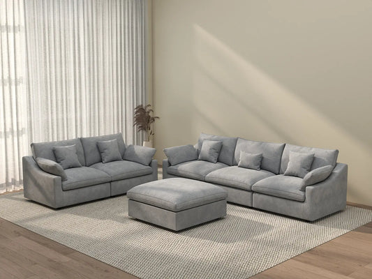 Deluxe Cloud 5-Seater Light Grey Large Space Pit Sectional | 6-Piece (Includes 1 Ottoman), Chenille And Linen Fabric, Easy To Clean