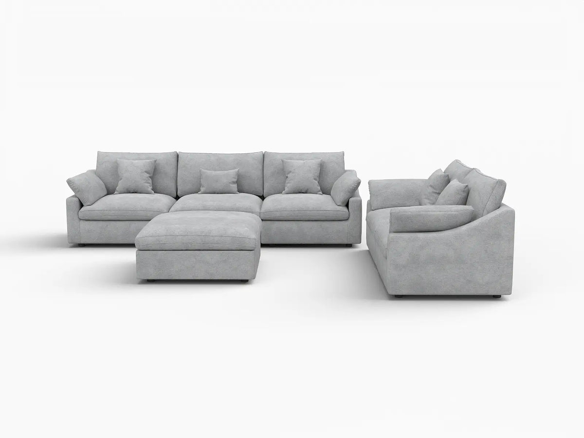 Deluxe Cloud 5-Seater Light Grey Large Space Pit Sectional | 6-Piece (Includes 1 Ottoman), Chenille And Linen Fabric, Easy To Clean