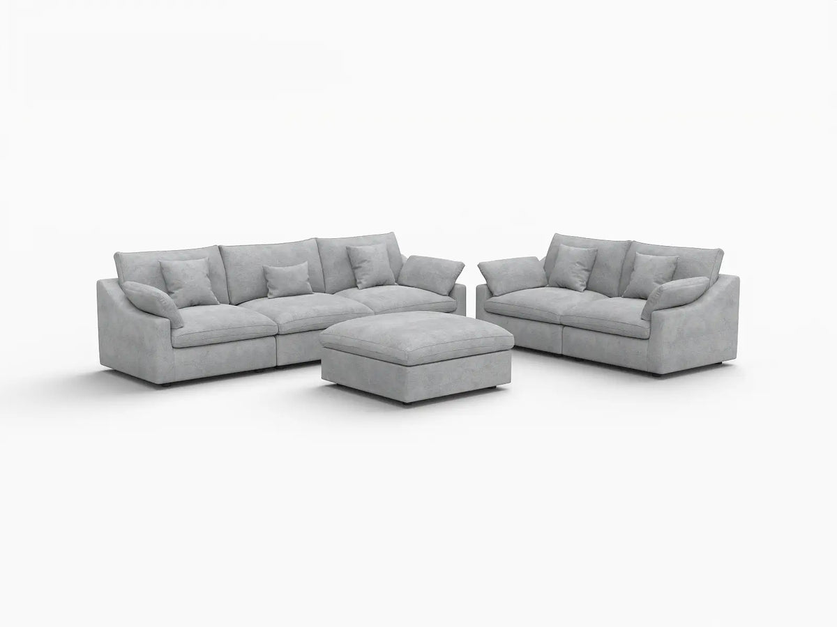 Deluxe Cloud 5-Seater Light Grey Large Space Pit Sectional | 6-Piece (Includes 1 Ottoman), Chenille And Linen Fabric, Easy To Clean