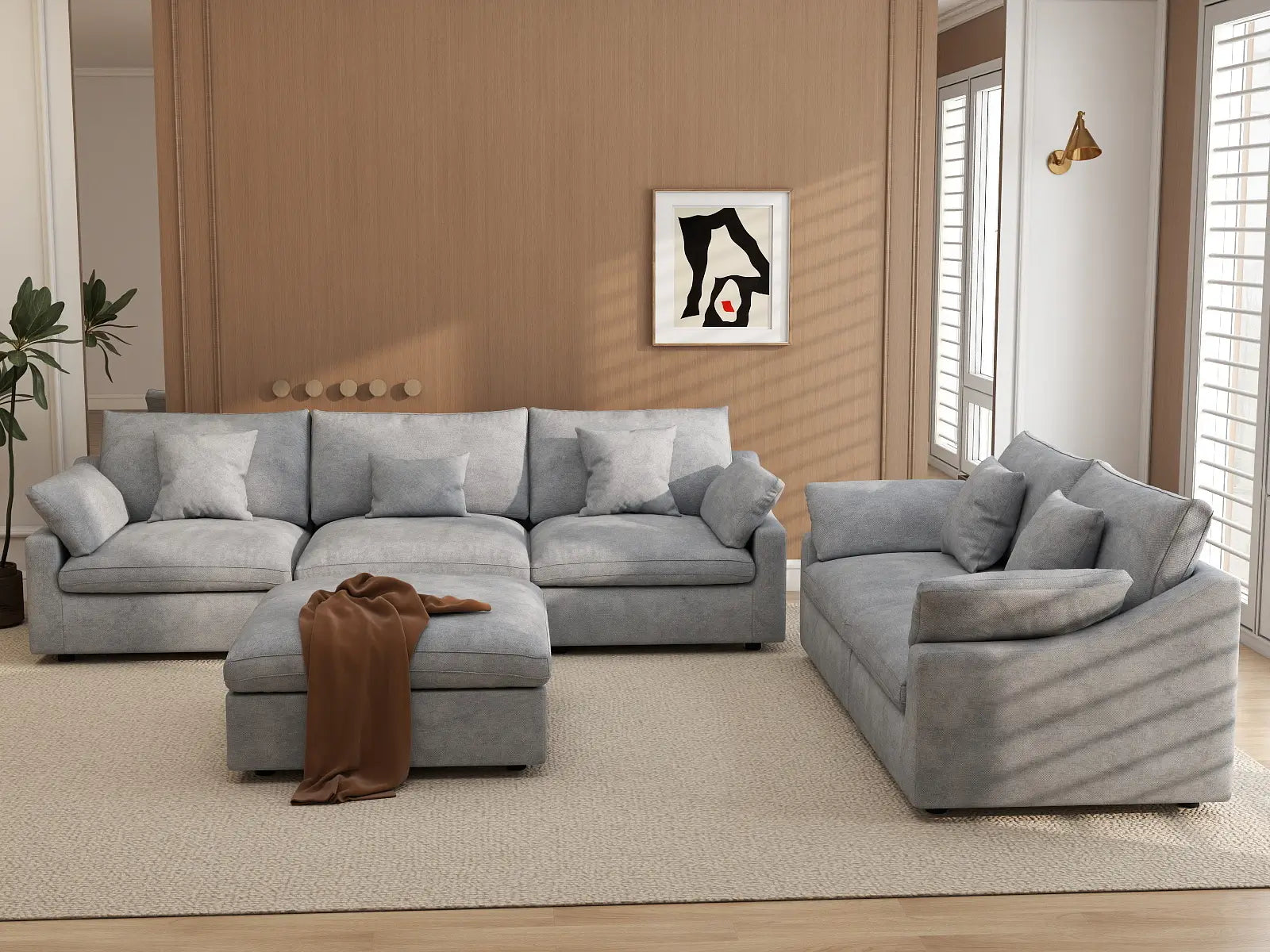 Deluxe Cloud 5-Seater Light Grey Large Space Pit Sectional | 6-Piece (Includes 1 Ottoman), Chenille And Linen Fabric, Easy To Clean