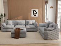 Deluxe Cloud 5-Seater Light Grey Large Space Pit Sectional | 6-Piece (Includes 1 Ottoman), Chenille And Linen Fabric, Easy To Clean