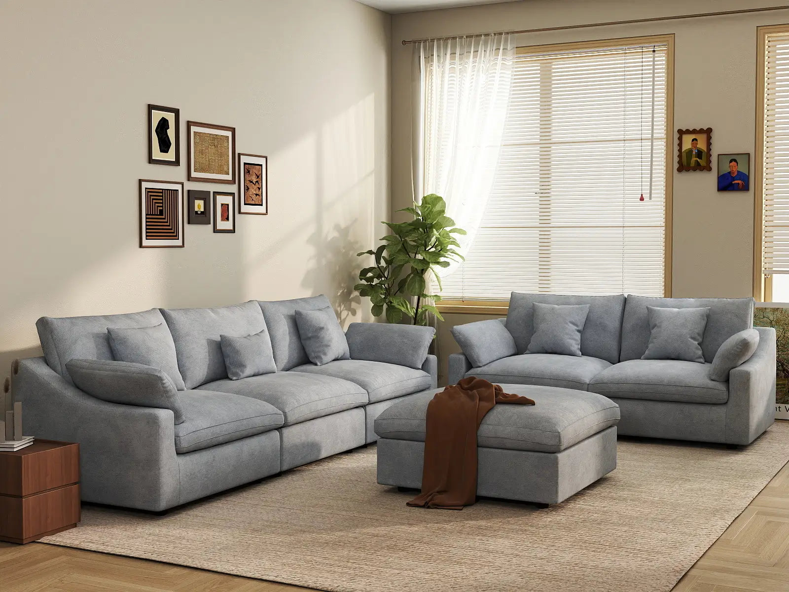 Deluxe Cloud 5-Seater Light Grey Large Space Pit Sectional | 6-Piece (Includes 1 Ottoman), Chenille And Linen Fabric, Easy To Clean