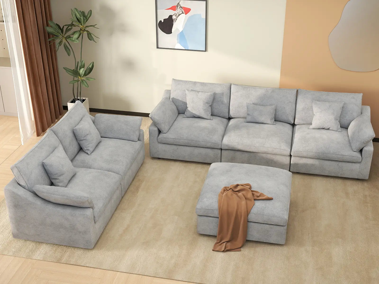 Deluxe Cloud 5-Seater Light Grey Large Space Pit Sectional | 6-Piece (Includes 1 Ottoman), Chenille And Linen Fabric, Easy To Clean