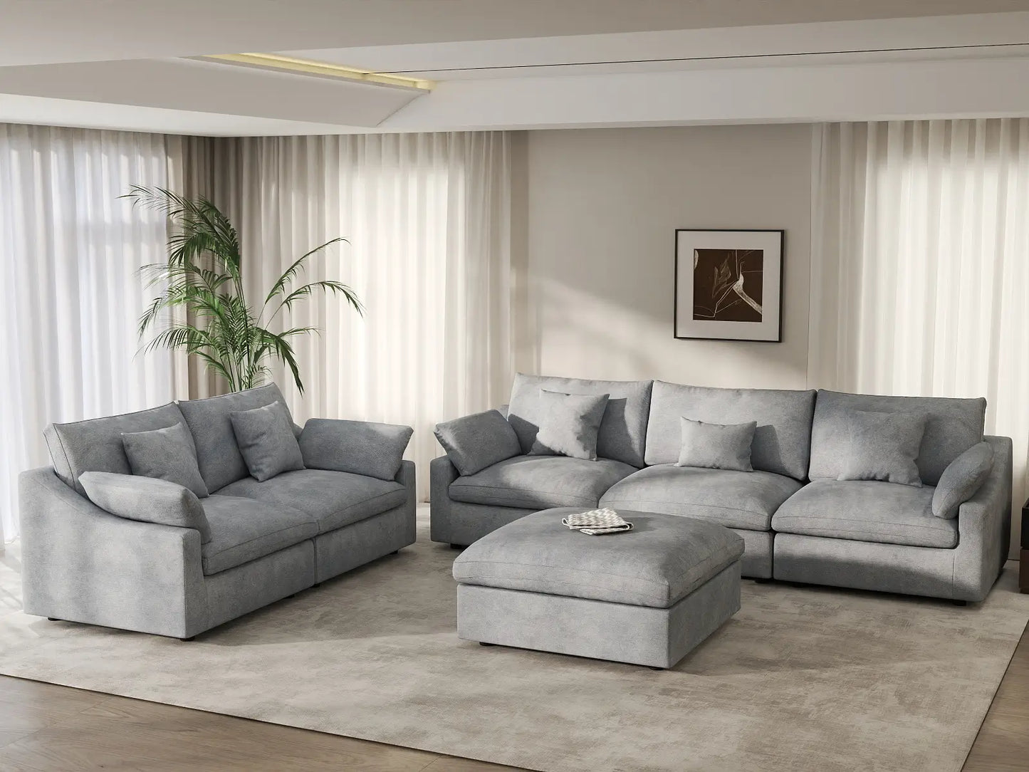 Deluxe Cloud 5-Seater Light Grey Large Space Pit Sectional | 6-Piece (Includes 1 Ottoman), Chenille And Linen Fabric, Easy To Clean