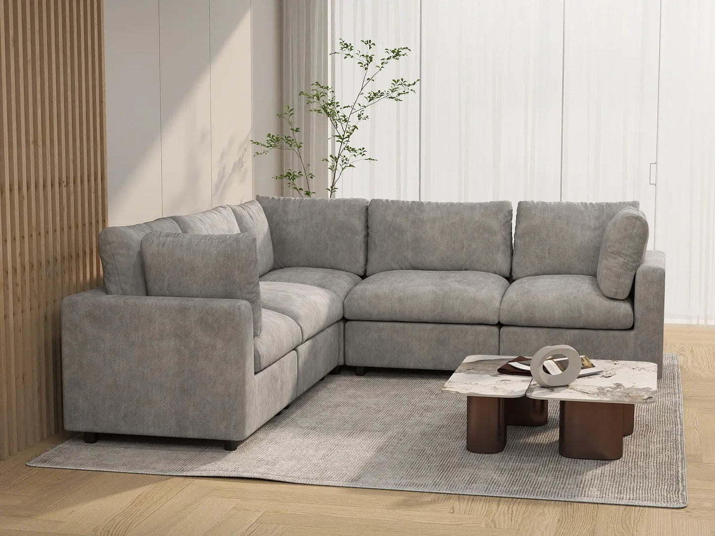 Sofá Seccional en Forma de V de 5 Plazas Deluxe Cloud, Gris Claro | 5 Piezas, Tela de Chenilla con Mezcla de Lino, Fundas de Cojín Lavables