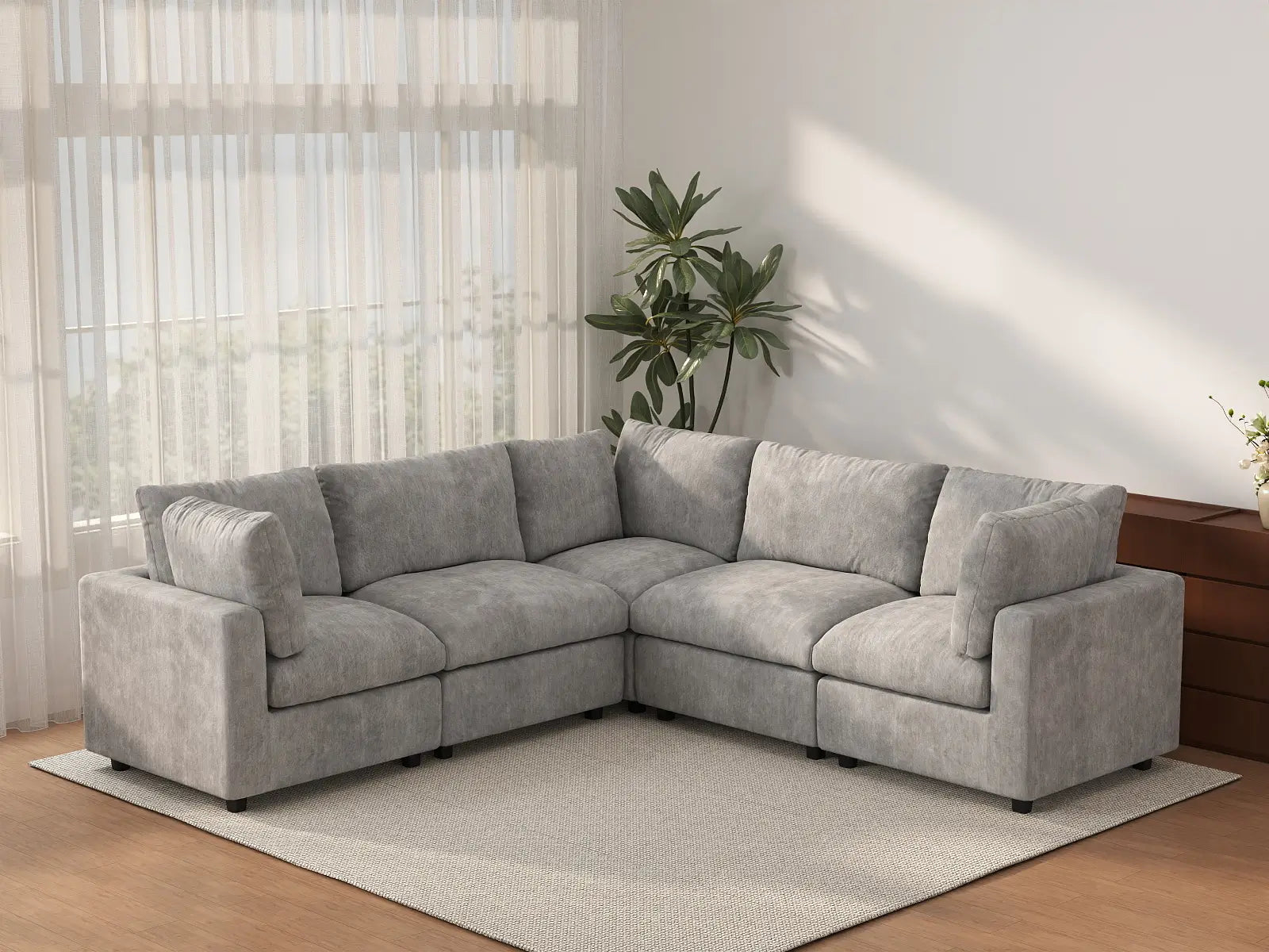 Sofá Seccional en Forma de V de 5 Plazas Deluxe Cloud, Gris Claro | 5 Piezas, Tela de Chenilla con Mezcla de Lino, Fundas de Cojín Lavables