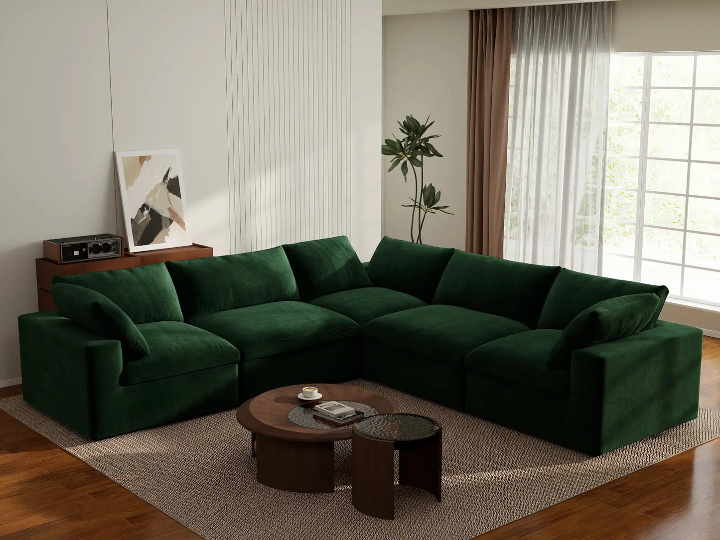 Deluxe Cloud 5-Seater Olive Green V-Shaped Sectional | 5-Piece, Velvet Fabric, Living Room Seating, Washable Cushion Covers