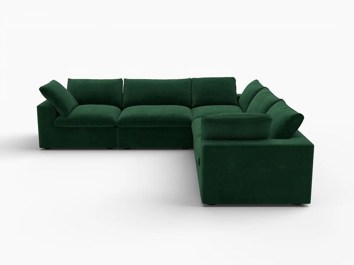 Deluxe Cloud 5-Seater Olive Green V-Shaped Sectional | 5-Piece, Velvet Fabric, Living Room Seating, Washable Cushion Covers