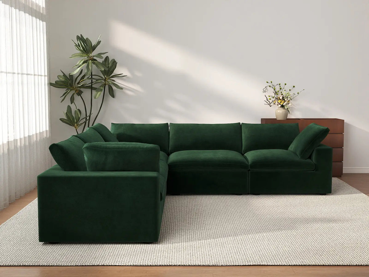 Deluxe Cloud 5-Seater Olive Green V-Shaped Sectional | 5-Piece, Velvet Fabric, Living Room Seating, Washable Cushion Covers