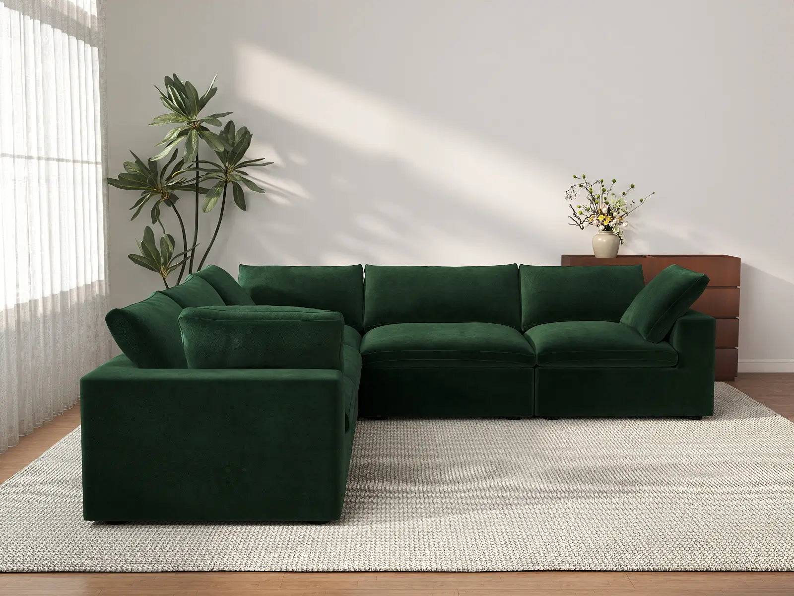 Deluxe Cloud 5-Seater Olive Green V-Shaped Sectional | 5-Piece, Velvet Fabric, Living Room Seating, Washable Cushion Covers