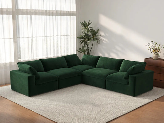 Deluxe Cloud 5-Seater Olive Green V-Shaped Sectional | 5-Piece, Velvet Fabric, Living Room Seating, Washable Cushion Covers