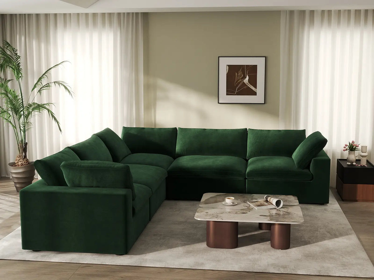Deluxe Cloud 5-Seater Olive Green V-Shaped Sectional | 5-Piece, Velvet Fabric, Living Room Seating, Washable Cushion Covers