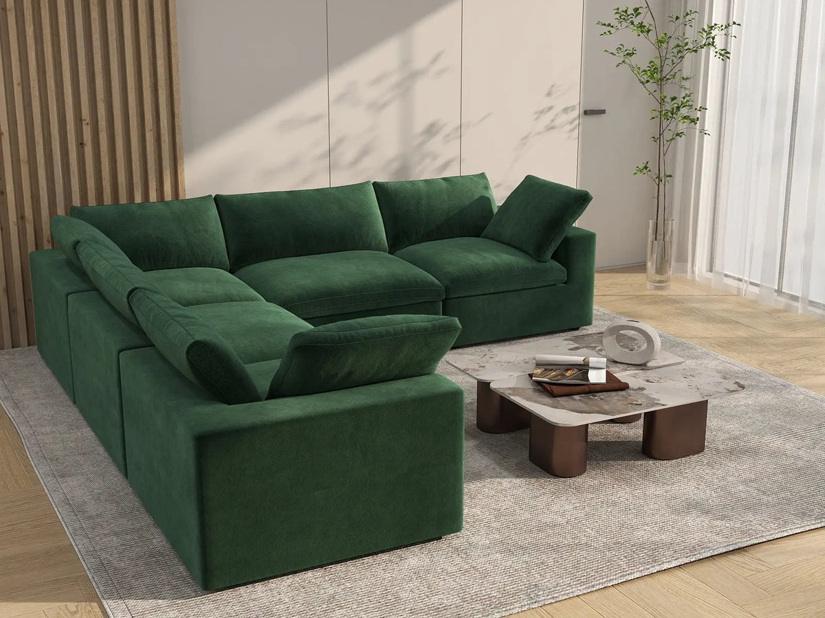 Deluxe Cloud 5-Seater Olive Green V-Shaped Sectional | 5-Piece, Velvet Fabric, Living Room Seating, Washable Cushion Covers