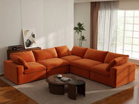 Deluxe Cloud 5-Seater Orange V-Shaped Sectional | 5-Piece, Velvet Fabric, Living Room Seating, Washable Cushion Covers
