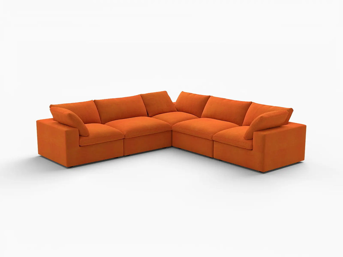 Deluxe Cloud 5-Seater Orange V-Shaped Sectional | 5-Piece, Velvet Fabric, Living Room Seating, Washable Cushion Covers