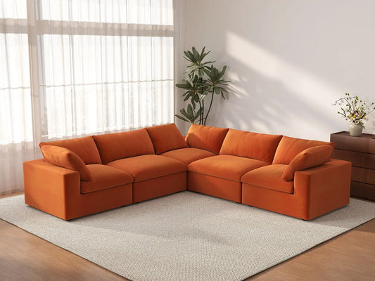 Deluxe Cloud 5-Seater Orange V-Shaped Sectional | 5-Piece, Velvet Fabric, Living Room Seating, Washable Cushion Covers