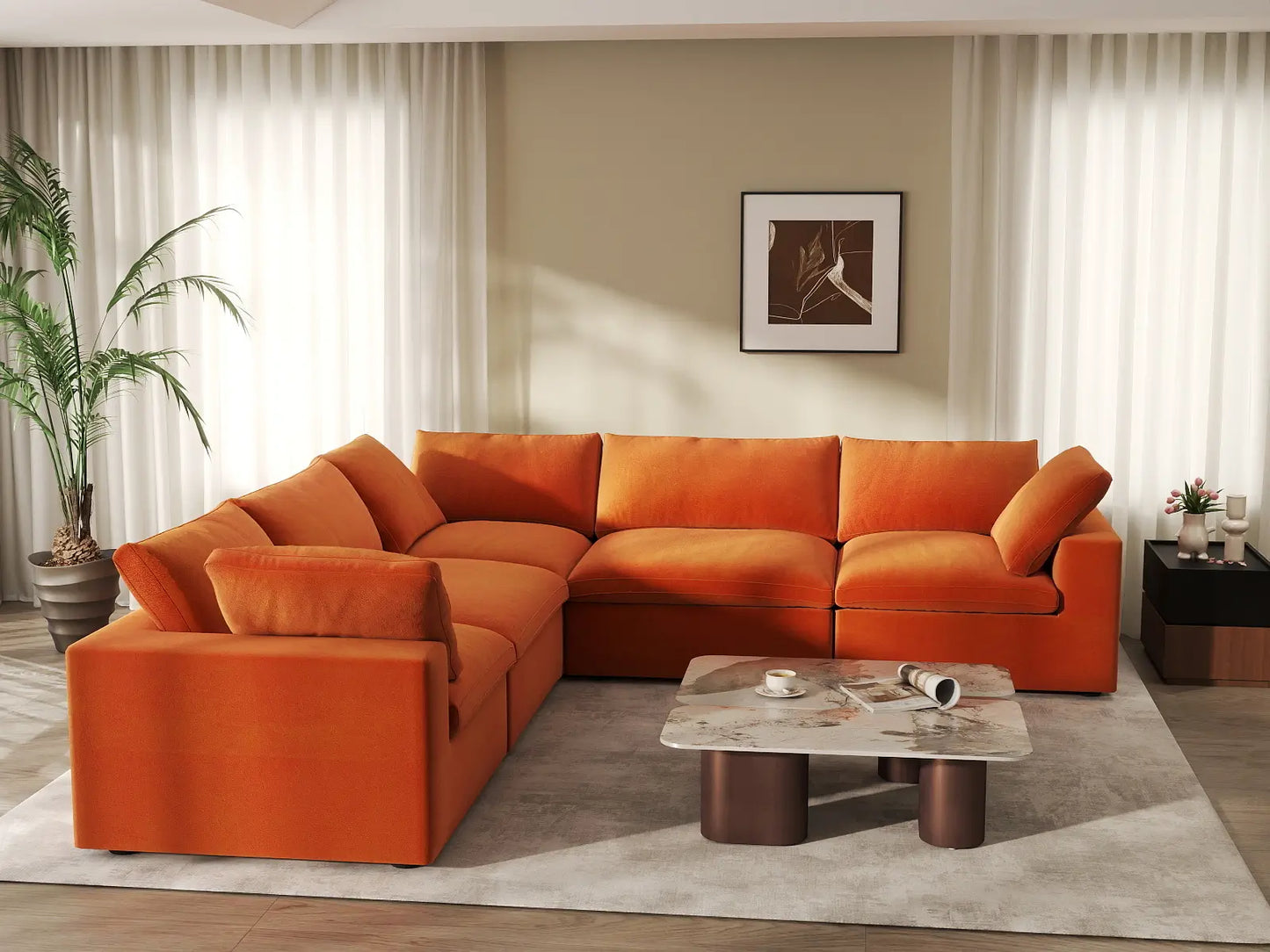 Deluxe Cloud 5-Seater Orange V-Shaped Sectional | 5-Piece, Velvet Fabric, Living Room Seating, Washable Cushion Covers