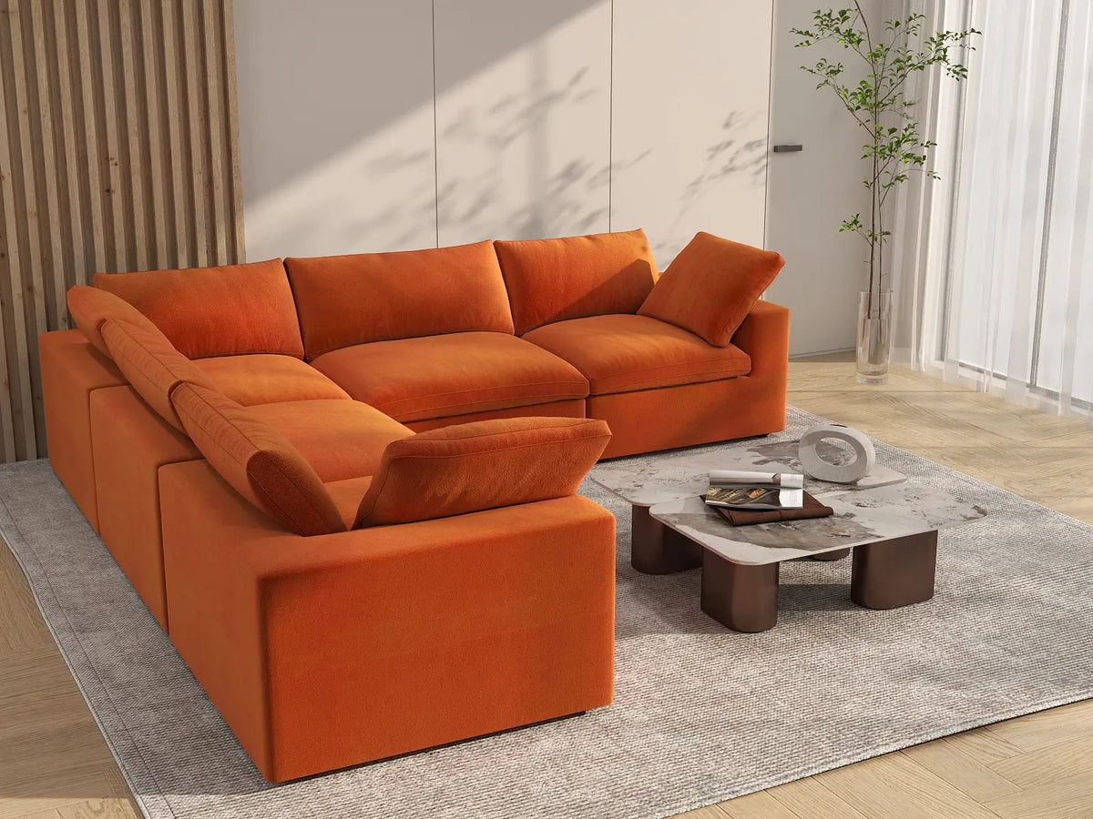 Deluxe Cloud 5-Seater Orange V-Shaped Sectional | 5-Piece, Velvet Fabric, Living Room Seating, Washable Cushion Covers