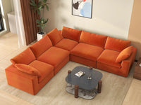 Deluxe Cloud 5-Seater Orange V-Shaped Sectional | 5-Piece, Velvet Fabric, Living Room Seating, Washable Cushion Covers