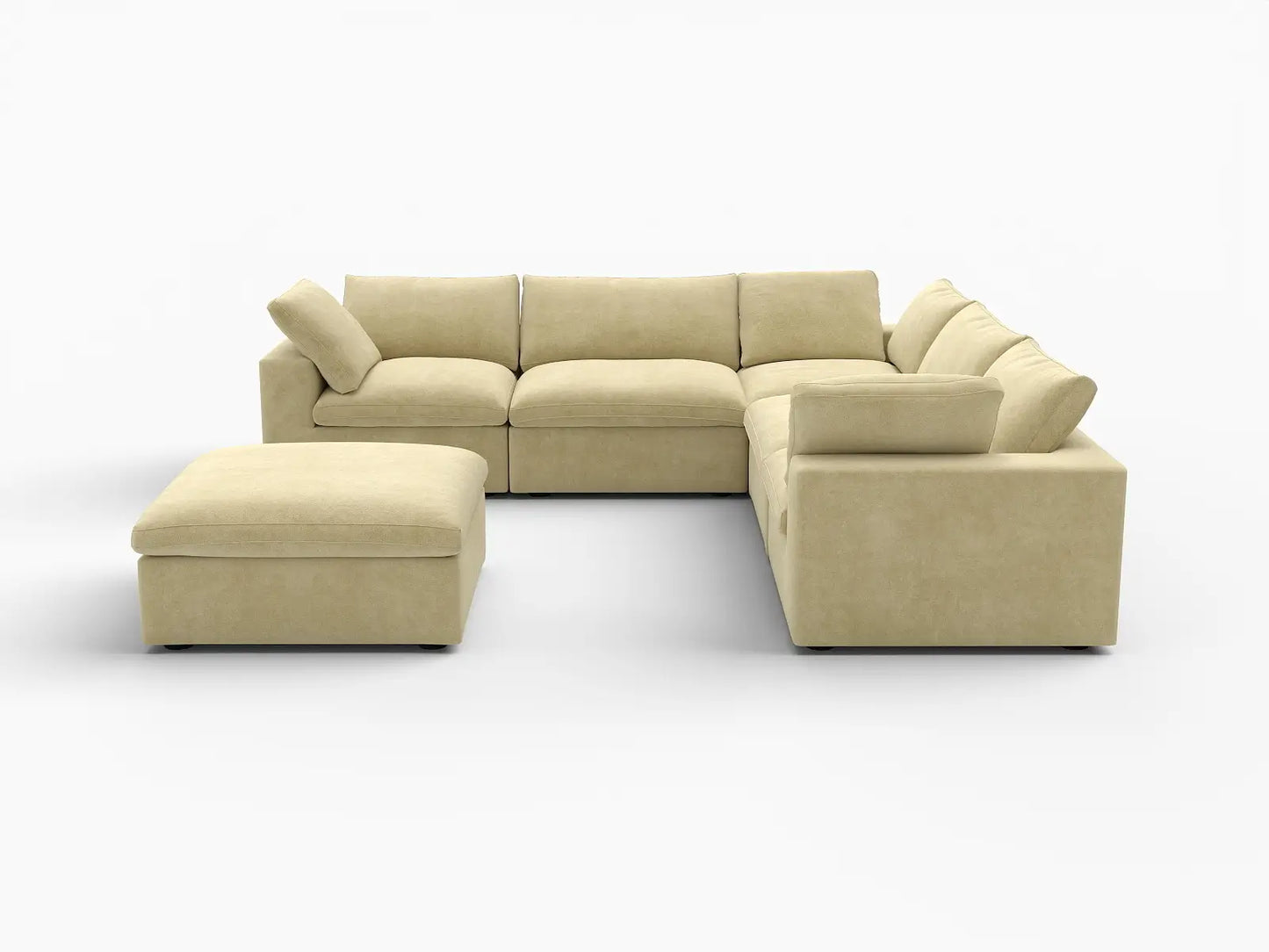 Deluxe Cloud 5-Seater Sofa Set in Beige Velvet | 6-Piece (Includes 1 Ottoman), Living Room, Easy To Clean, Contemporary Style