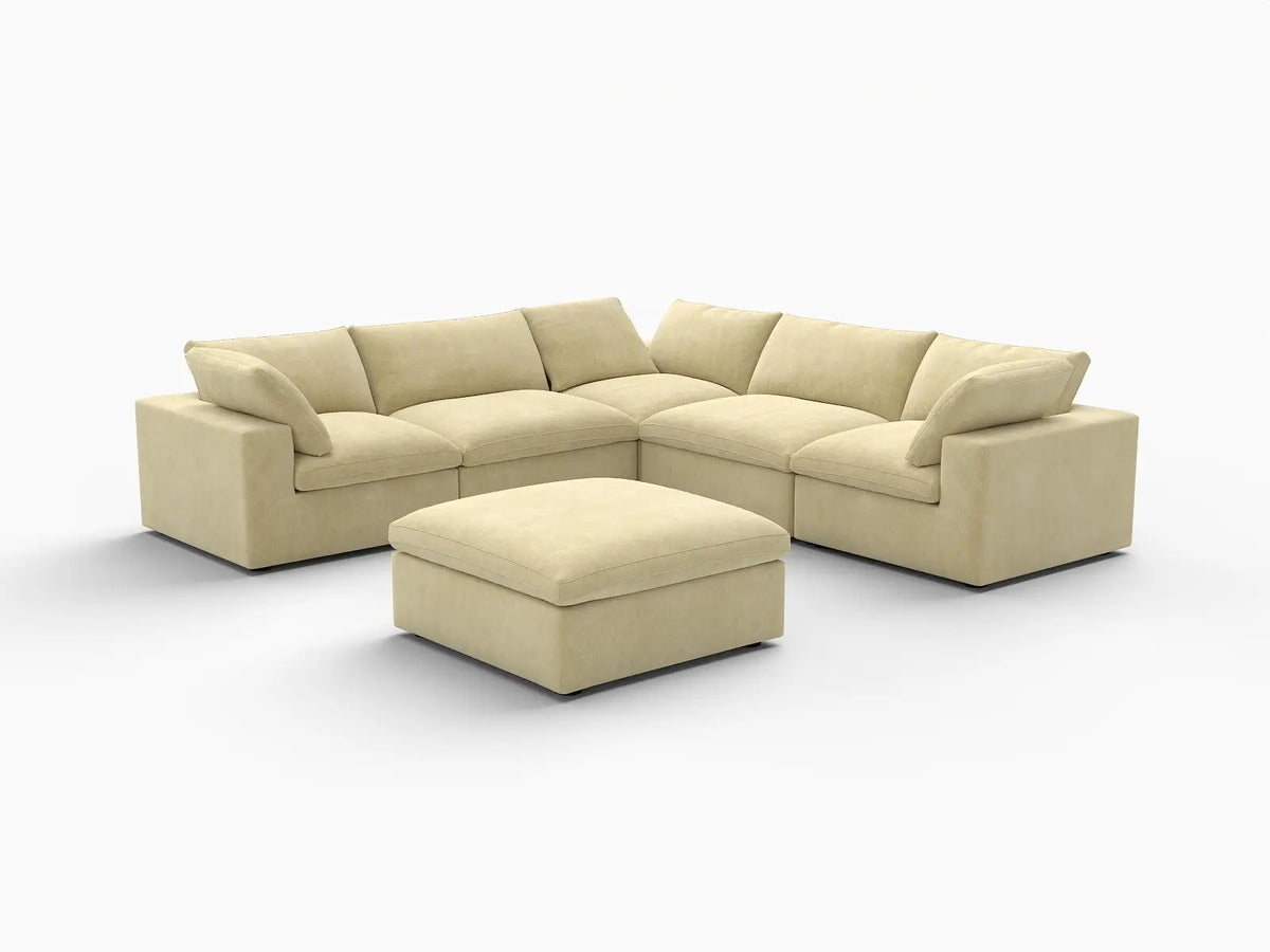 Deluxe Cloud 5-Seater Sofa Set in Beige Velvet | 6-Piece (Includes 1 Ottoman), Living Room, Easy To Clean, Contemporary Style