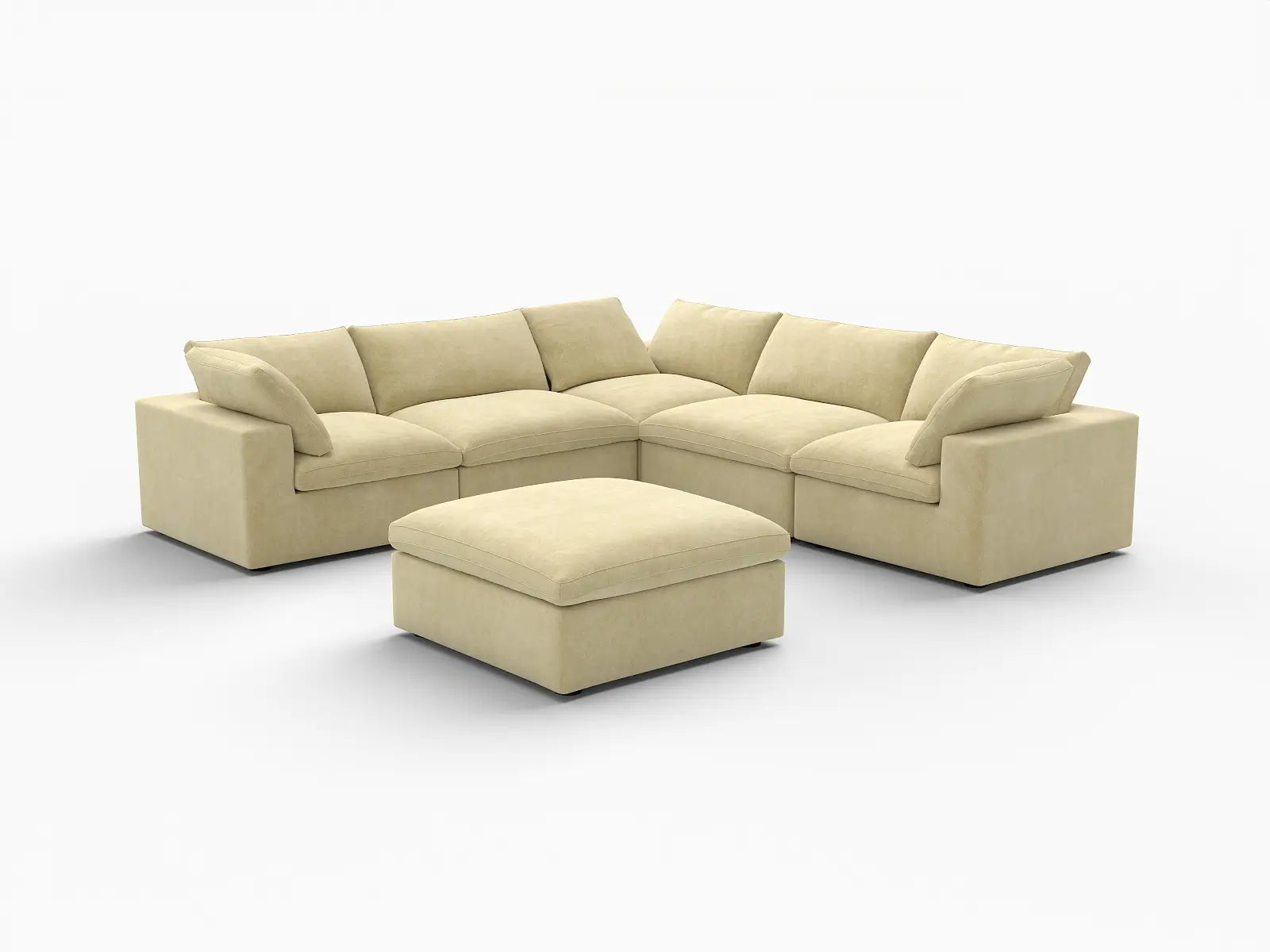 Deluxe Cloud 5-Seater Sofa Set in Beige Velvet | 6-Piece (Includes 1 Ottoman), Living Room, Easy To Clean, Contemporary Style