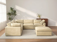Deluxe Cloud 5-Seater Sofa Set in Beige Velvet | 6-Piece (Includes 1 Ottoman), Living Room, Easy To Clean, Contemporary Style