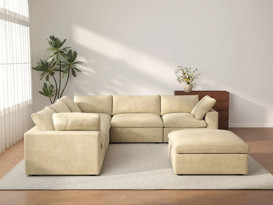 Deluxe Cloud 5-Seater Sofa Set in Beige Velvet | 6-Piece (Includes 1 Ottoman), Living Room, Easy To Clean, Contemporary Style
