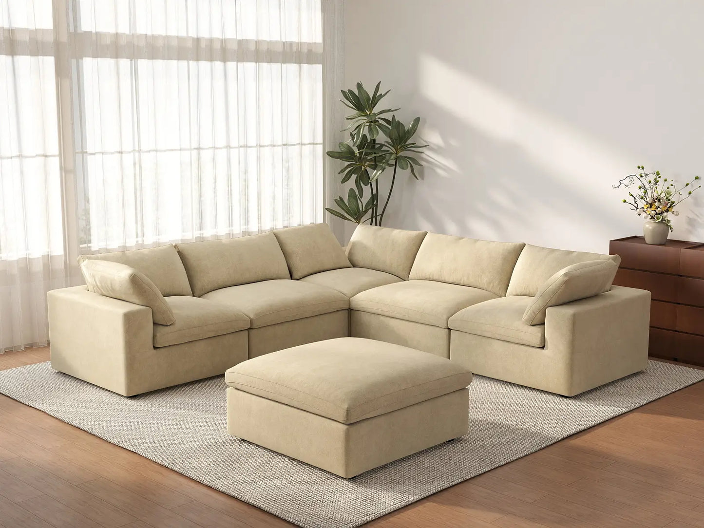 Deluxe Cloud 5-Seater Sofa Set in Beige Velvet | 6-Piece (Includes 1 Ottoman), Living Room, Easy To Clean, Contemporary Style