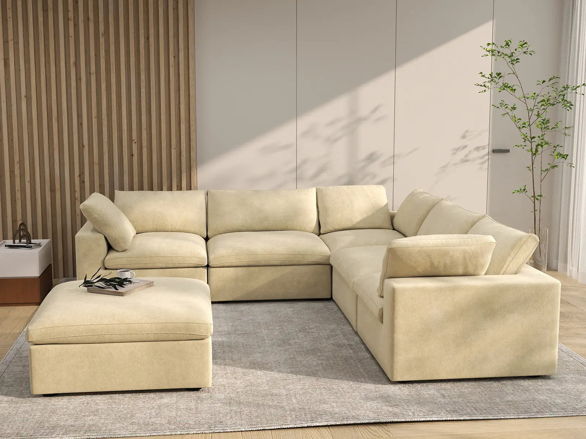 Deluxe Cloud 5-Seater Sofa Set in Beige Velvet | 6-Piece (Includes 1 Ottoman), Living Room, Easy To Clean, Contemporary Style