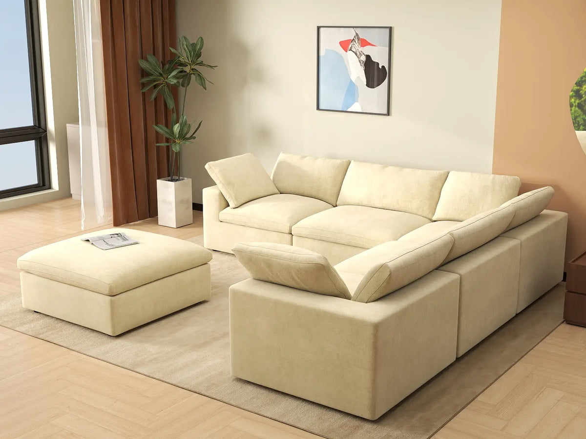 Deluxe Cloud 5-Seater Sofa Set in Beige Velvet | 6-Piece (Includes 1 Ottoman), Living Room, Easy To Clean, Contemporary Style