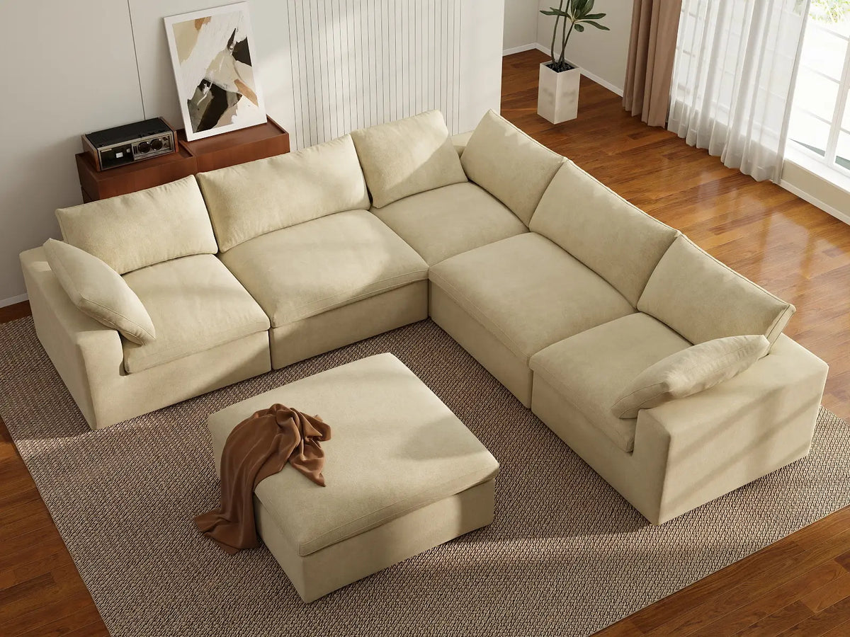 Deluxe Cloud 5-Seater Sofa Set in Beige Velvet | 6-Piece (Includes 1 Ottoman), Living Room, Easy To Clean, Contemporary Style