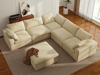 Deluxe Cloud 5-Seater Sofa Set in Beige Velvet | 6-Piece (Includes 1 Ottoman), Living Room, Easy To Clean, Contemporary Style