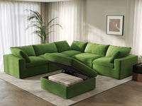 Deluxe Cloud 5-Seater Sofa Set in Earth Green Velvet | 6-Piece (Includes 1 Ottoman), Living Room, Easy To Clean, Modular Design
