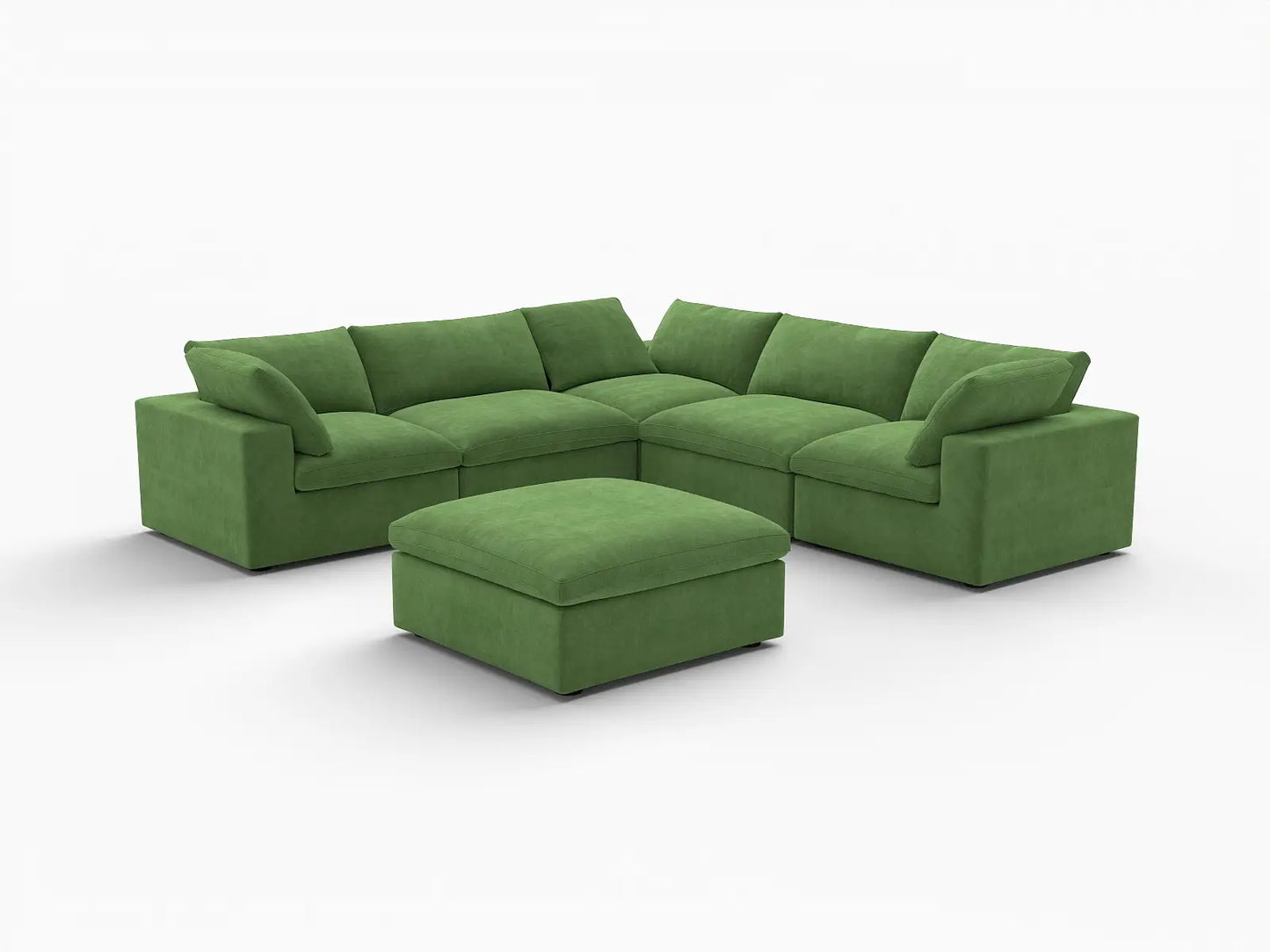 Deluxe Cloud 5-Seater Sofa Set in Earth Green Velvet | 6-Piece (Includes 1 Ottoman), Living Room, Easy To Clean, Modular Design