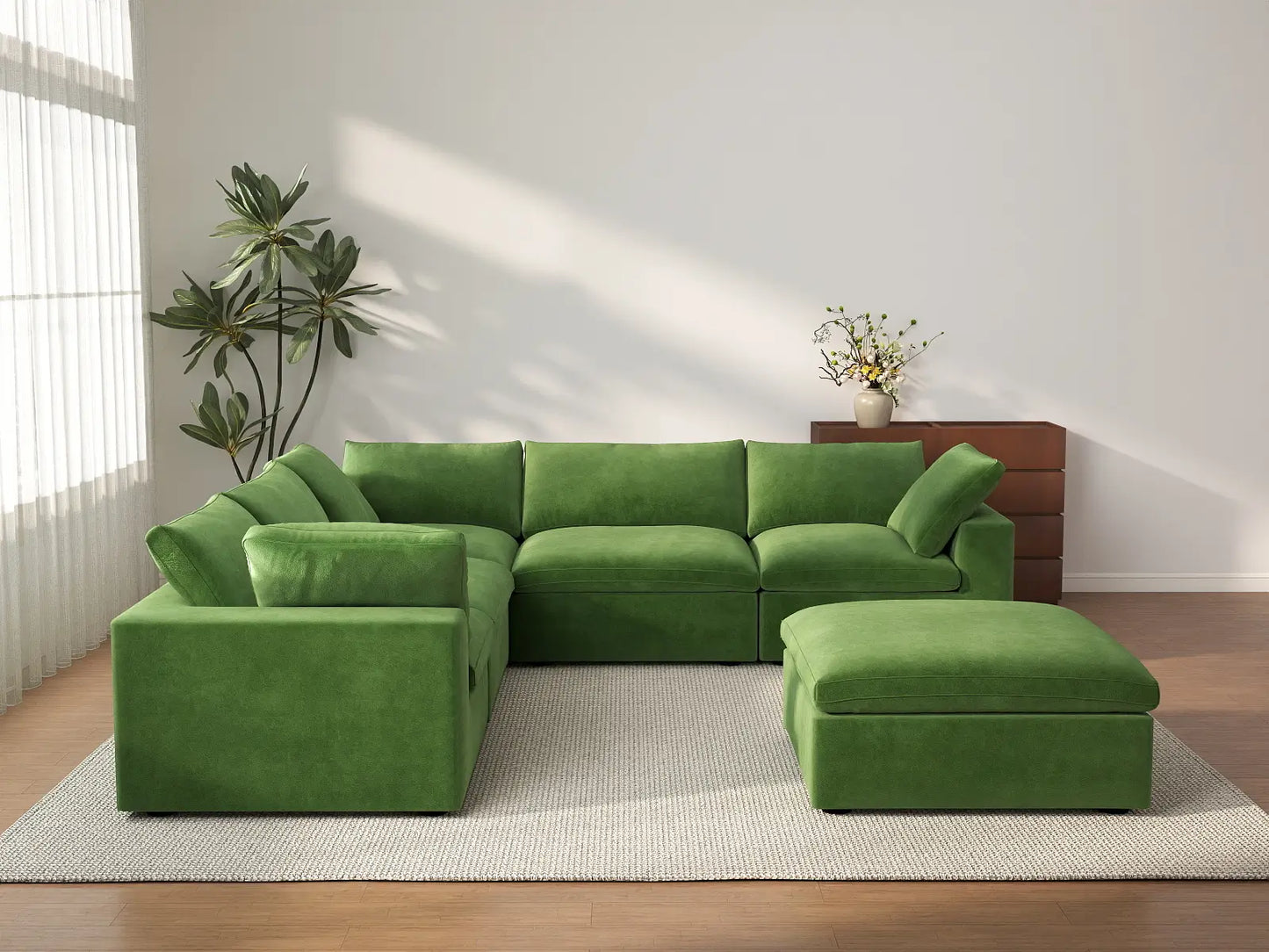 Deluxe Cloud 5-Seater Sofa Set in Earth Green Velvet | 6-Piece (Includes 1 Ottoman), Living Room, Easy To Clean, Modular Design
