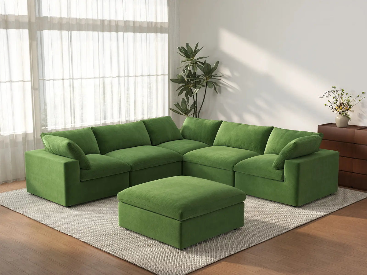 Deluxe Cloud 5-Seater Sofa Set in Earth Green Velvet | 6-Piece (Includes 1 Ottoman), Living Room, Easy To Clean, Modular Design