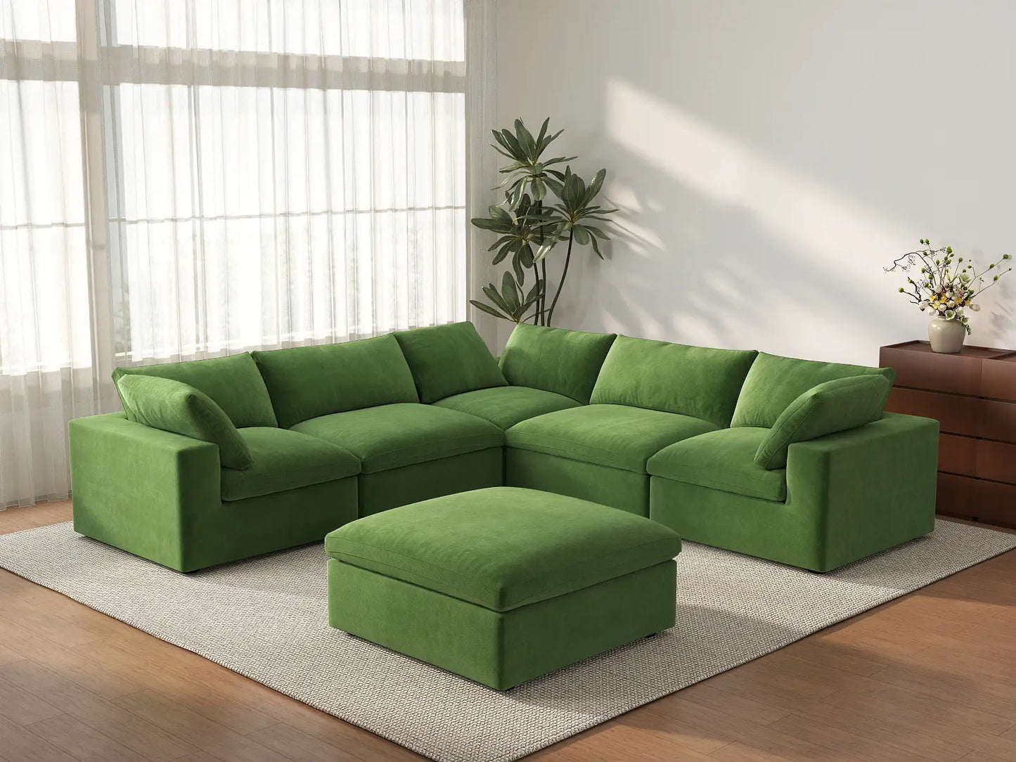 Deluxe Cloud 5-Seater Sofa Set in Earth Green Velvet | 6-Piece (Includes 1 Ottoman), Living Room, Easy To Clean, Modular Design