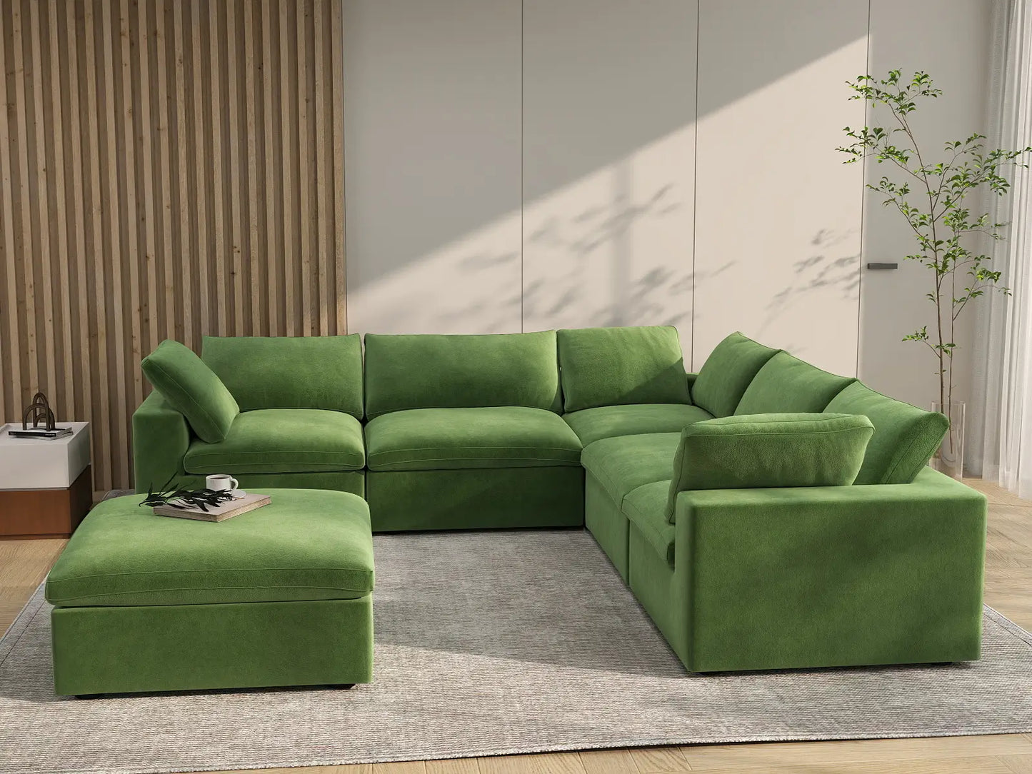 Deluxe Cloud 5-Seater Sofa Set in Earth Green Velvet | 6-Piece (Includes 1 Ottoman), Living Room, Easy To Clean, Modular Design